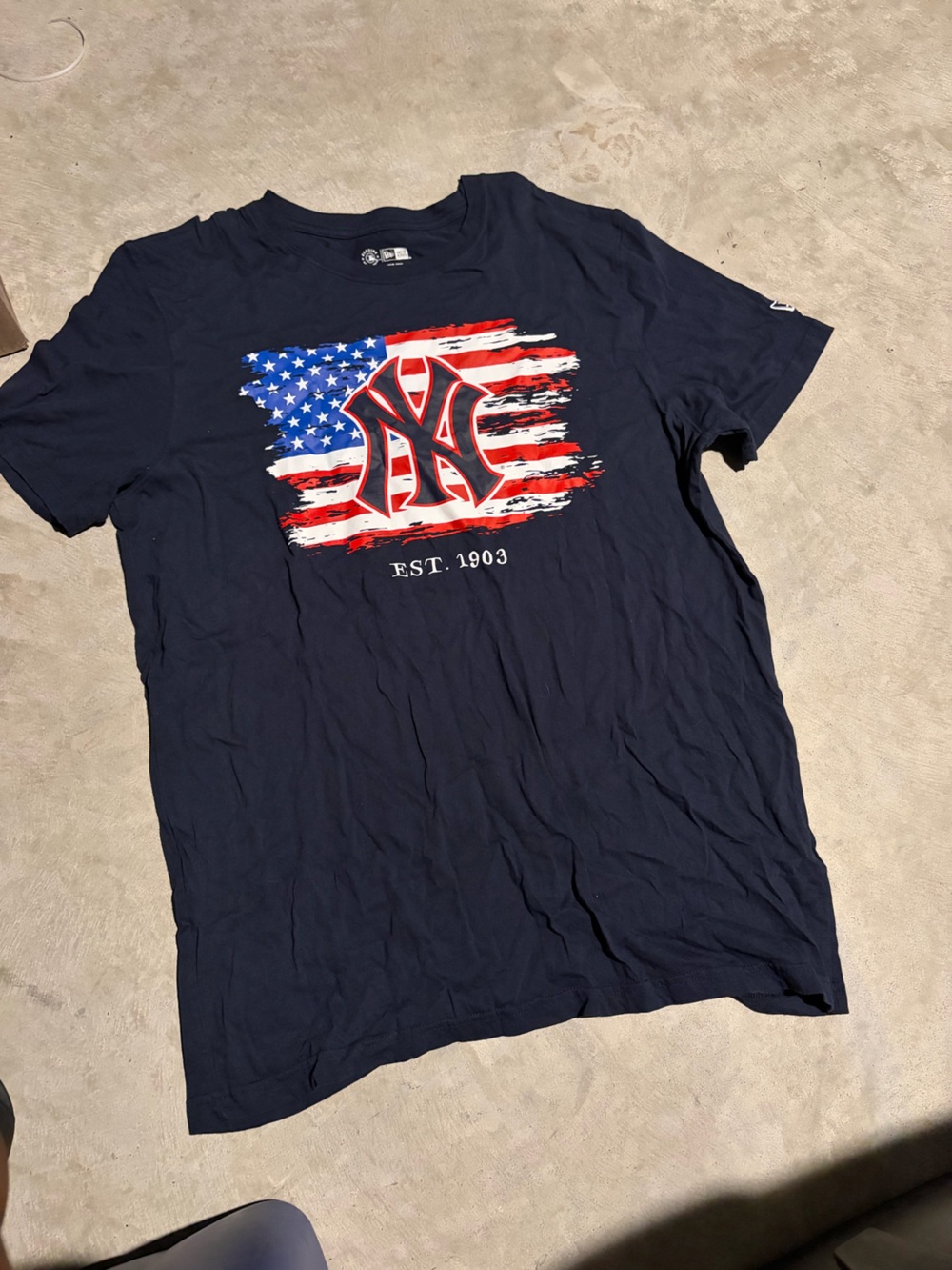 New Era Navy Short Sleeve Tee with Red, White & Blue Flag Graphic